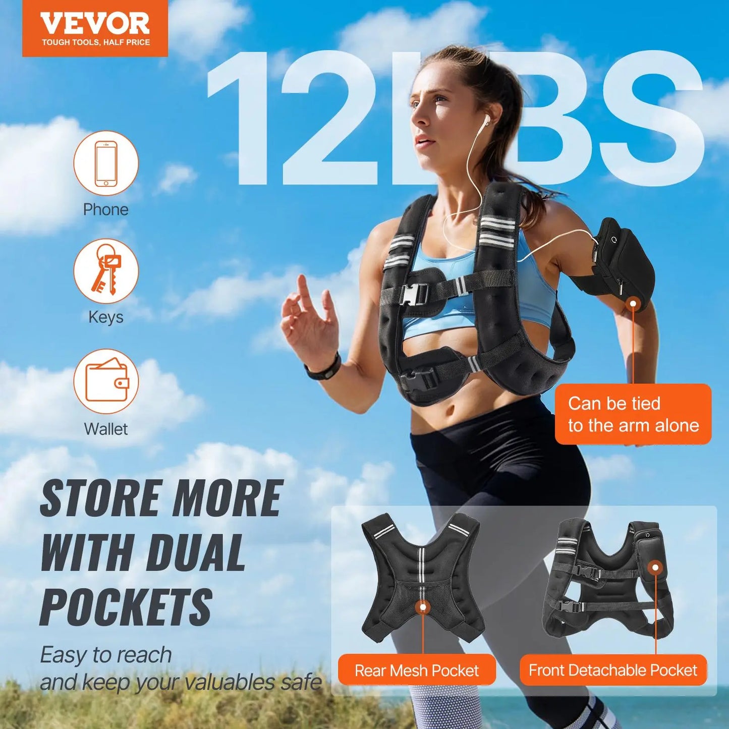 Vevor 12 lbs Adjustable Weighted Vest with Reflective Stripe for Strength Training, Running, and Fitness